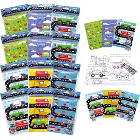 TINYMILLS Transportation Vehicles Trains and Construction Coloring Book for Kids Party Favor Set with 12 Coloring Books and 48 Crayons Birthday Party Supplies Cars Bag Fillers