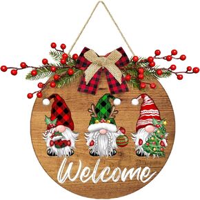BORAMDO Christmas Wooden Gnome Welcome Sign for Front Door, 12 Inch Rustic Christmas Wood Welcome Hanging Sign Porch Sign, Round Christmas Gnome Door Hanger for Farmhouse Holiday Indoor Outdoor
