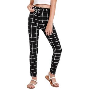 WDIRARA Girl's Stretchy Plaid Paper Bag Waist Skinny Legging Pants with Pockets