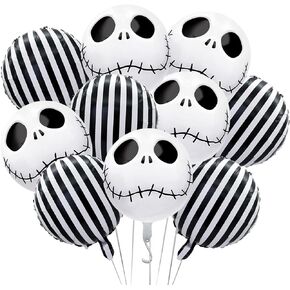 10Pcs Halloween Balloons Decorations Happy Halloween Party Foil Mylar Balloons Halloween Skull Balloons Black White Strip Balloons for Halloween Birthday Baby Shower Wedding Party Decor Supplies