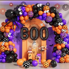 Halloween Balloon Garland Arch Kit with Spider Balloons Black Orange Purple Confetti Balloons BOO Foil Eye Polka Dot Balloon for Halloween Theme Party Backdrops Birthday Baby Shower Decorations