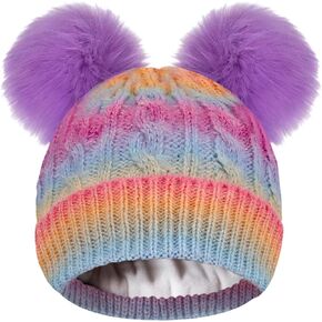 Girls Beanie with Double Pom Pom, Thick Warm Fleece Lined Knit Kids Winter Hat for 3-9 Years