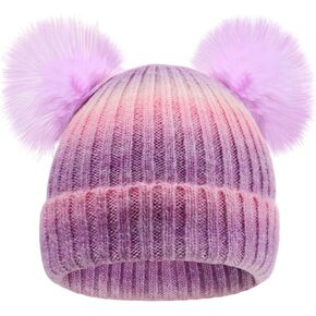 Winter Hat for Kids Children, Boys Girls Beanie with Double Pom Pom, Girls Warm Knit Beanies Cap for 7-12 Years