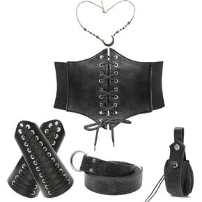 6PC Women Viking Costume Accessories Renaissance Corset & Moon Head Chain & Medieval Arm Guards for Halloween Costume