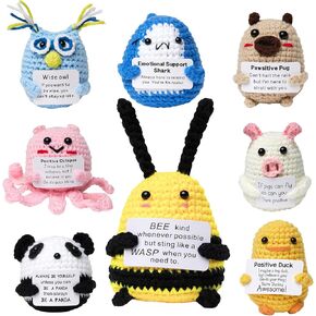 8 Pieces Funny Positive Crochet Animals,Funny Cute Handmade Emotional Crochet Positive Shark Bee Panda Pig Owl Octopus Duck Pug with Inspirational Cards Gift for Women Men Coworkers