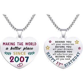 17th Birthday Gifts for Girls - Born In 2007 Birthday Gifts - Engraved Stainless Steel Heart Pendant Necklace - 17 Year Old Girls Birthday Gift
