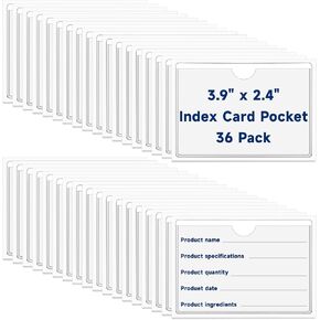 36Pcs 2.4" x 3.9" Index Card Pockets, Clear Adhesive Pocket Sleeves with Top Open for Loading, Plastic Label Holders for Organizing Storage Bins, Library Cards, Shelves