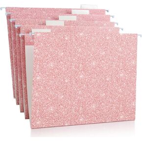 20 Pcs Glitter Pink Hanging File Folders 12 x 9.25'' Reinforced Hang Folders File Hanging Folders with 20 Paper 1/5 Cut Adjustable Tab and 20 Plastic Tab for Medical Charts Office Desktop