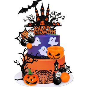 ZXSWEET Halloween Cake Toppers Pumpkin Ghost Skull Head Spider Castle Cake Decorations for Trick-or-Treat Halloween Party Supplies