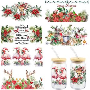 UV DTF Cup Wrap Sticker for 16OZ Glass Cups 6 Sheets Christmas Themed Waterproof Stickers Reindeer Christmas Flowers Rub on Transfers Crafting Cup Decal Stickers for DIY Crafts Furniture Wood