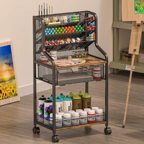 Small Rolling Utility Cart with Drawer, Metal and Wood Craft Storage Cart with Lockable Wheels, Versatile Art Carts with 6 Tiers & Removable Dividers for Drawing Room, Office, Store Paints & Artifacts