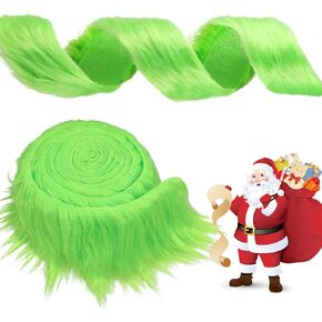 4x100 Inch Christmas Faux Fur Ribbon Craft Fur Strips Fake Fur Rolls Green Long Plush for DIY Christmas Costume Gnome Beard Santa Claus Hair Xmas Tree Decor Family Party Supplies