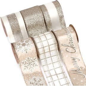 Ribbli Christmas Ribbon Wired Champagne Gold Christmas Tree Ribbon Snowflake Glitter Wired Ribbons for Crafts Gift Wrapping Wreaths Garland Home Decor -2.5 Inchx6 Rolls Total 36Yard