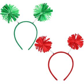 Xinnun 2 Pieces Pom Pom Headband Red and Green Fluffy Head Bopper Pom Party Headband Springs Head Antenna Headband Festival Costume Accessories for Halloween Christmas Women Girls Party Supplies