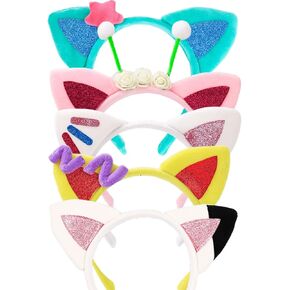 5PCS Cat Ears Headband for Girls Dollhouse Birthday Party Headbands with Cute Ear Cartoon Toddler Cosplay Headpiece Halloween Christmas Hair Accessories