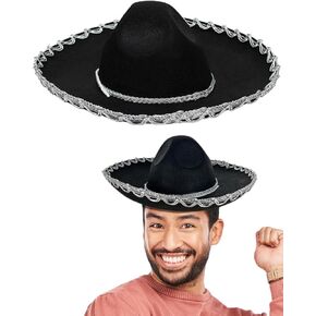 GiftExpress 2 Pack Black Mariachi Sombrero Hat with Silver Trim, Sombrero for Cinco de Mayo, Halloween Costume, Mexican Fiesta Costume