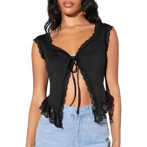 Milumia Women's Lace Trim Open Tie Front Tops Y2k Sleeveless Deep V Neck Going Out Tops