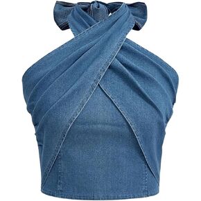 SweatyRocks Women's Crisscross Tie Neck Sleeveless Halter Fitted Ruched Denim Tank Top