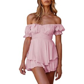 Women Boho Romper Off Shoulder Floral Print Chiffon Shorts Jumpsuit Baby Pink