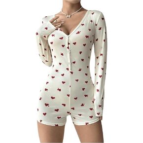 OYOANGLE Women's All Over Print V Neck Button Front Long Sleeve One Piece Bodysuit Pajamas Bodycon Rompers