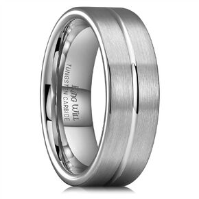 King Will 6mm 8mm Tungsten Wedding Rings for Men Silver/Gunmetal Plated Pipe Cut Thin Groove Center Brushed Men's Wedding Band Gifts for Him Size 7-14 Comfort Fit