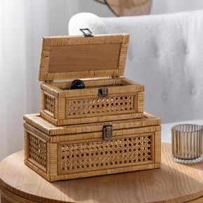 Rattan Decorative Box, Boho Display Boxes with Lids, Set of 2 Rectangular Wicker Storage Basket, Natural Woven Cane Bins for Home Decor (Round)