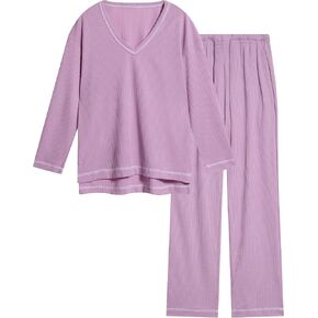 difficort Womens Waffle Knit Pajama Sets Long Sleeve Lounge Sets 2 Piece Pjs Outfit Loungewear Sleepwear with Pockets