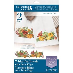 Leisure Arts Tea Towel 17"x28" Fruits 2pc, Towel Set, Embroidery kit, Bathroom Hand Towels, Kitchen Towel, Cross Stitch Kits, Stamped Cross Stitch Kits