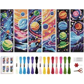 ACRNIGHEET 6PCS Cross Stitch Bookmark Kits Cosmic Planet Pattern Counted Cross Stitch Kits for Beginners Adults DIY Stamped Embroidery Bookmarks with Instructions Hand Embroidery Craft Gift