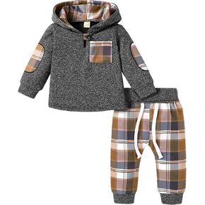 KONIGHT Kids Toddler Infant Baby Boys Girls Winter Outfit Christmas Plaid Hoodie Sweatshirt Jackets Shirt+Pants Xmas Clothes