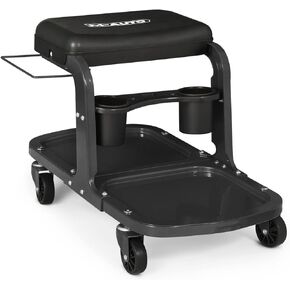 M-AUTO Garage Roller Seat Heavy Duty Rolling Shop Mechanic Creeper/Shop Stool with Tool Tray and Equipment Rack, 300LBS Capacity Creeper Seat with 5 Rollers for Detailing Car, Red