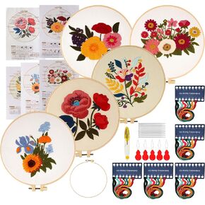 Maydear 5 Sets Embroidery Kit Punch Needle Kit,Embroidery Kit for Beginners Adults Cross Stitch Kits with Embroidery Hoop and Instructions, Hand Embroidery Starter Kit (Florals)