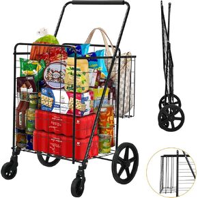 DWVO Folding Shopping Cart with Wheels, Rolling Foldable Grocery Cart for Seniors, Portable Collapsible Utility Cart for Shopping Groceries Laundry Stair Climbing Storage