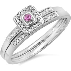 Dazzlingrock Collection 10K Gold Round Pink Sapphire And White Diamond Halo Engagement Wedding Bridal Ring Set