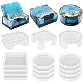 RESINWORLD Set of 3 Thick Square Octagon Round Coaster Molds with Matching Holder Mold, Shiny Coaster Silicone Molds for Resin Casting