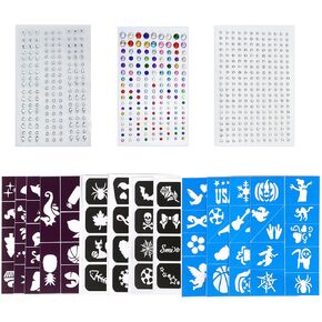 Face Paint Stencils for Kids Adults Reusable Body Paint Stencils Temporary Tattoos Stencils Halloween Face Body Paint Stencil Makeup Rhinestone Stickers Bling Eye Face Body Crystal Stickers 15Sheets