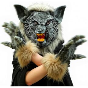 Big Wolf Mask Werewolf Mask Costume Adult and Paw Gloves for Youth, Woman, Boy and Girl, Werewolf Costume Mask for Halloween Party Cosplay Costume
