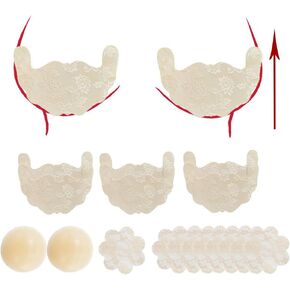 Boob Tape, Boobytape for Breast Lift, Achieve Chest Support Lift & Contour of Breasts, 5 Pairs Lace Bob Tape for Strapless Dress,5 Pairs Lace Nipple Tape,1 Pair Reusable Silicone Nipple Sticky Bra(C)