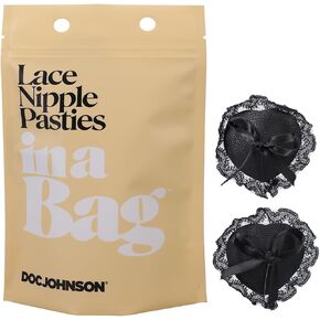 DOC JOHNSON – Lace Nipple Pasties In A Bag - Vegan Leather and Lace Pasties, Silicone Glue Allows for Multiple Uses, Body Safe, Easy To Use, Adult Toy, Couples or Solo Play (Pair, Black)