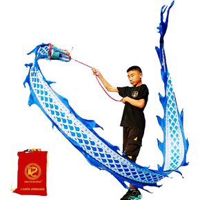 Lightweight Dragon Poi with 3D Dragon Head & Swing Rope Combo for Kids and Beginners, Flowy Dragon Ribbon Streamer Outdoor Fitness Golden Dragon Stage Prop Set (Golden Green, 9.8 FT(3M))
