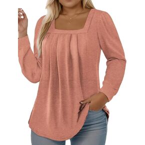 DOLNINE Womens Plus Size Tops Long Sleeve Dressy Pleated Square Neck Tunic Blouses Casual Loose Fit Fall Shirts XL-5XL