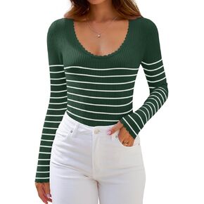 ZESICA Women's Long Sleeve Striped Tops 2024 Fall Scoop Neck Slim Fit Ribbed Knit Sweater Basic Casual Tee Shirts