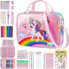 D-FantiX Unicorn Art Supplies Convertible Bag for Girls, 63Pcs Coloring Drawing Set for Kids with Fruit Scented Markers, Portable Travel Activity Kit, Birthday Gift for 4 5 6 7 8-12 Year Old Girls
