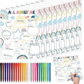 40 Pieces All About Me Posters with 24 Crayon Student Poster to Fill in Student of Week Poster Read All About Me Classroom Decor for Preschool Kindergarten Elementary Supplies (Boho Style)