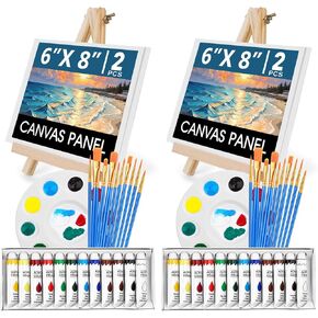 ESRICH 52PCS Easel Set, Equipped with 2 * 12 Color Acrylic Paint (12 ml), 20 Brushes, 4 Art Boards, 2 Wooden Frames, 2 Plates, Painting Supplies Kits for Kids, Adults, Artists and Beginners