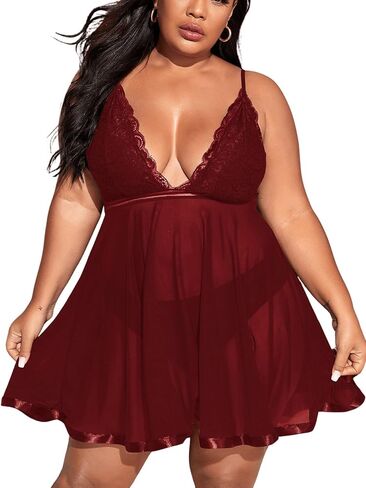 Women's 2 Piece Plus Size Lingerie Dress Chemise Sheer Mesh Sleeveless Bralettes Babydolls with Thongs in Saudi Arabia