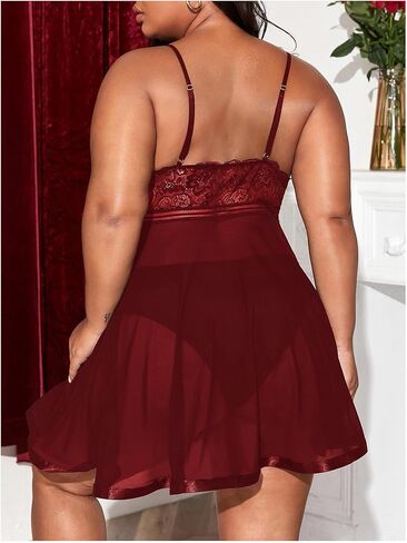 Women's 2 Piece Plus Size Lingerie Dress Chemise Sheer Mesh Sleeveless Bralettes Babydolls with Thongs in Saudi Arabia