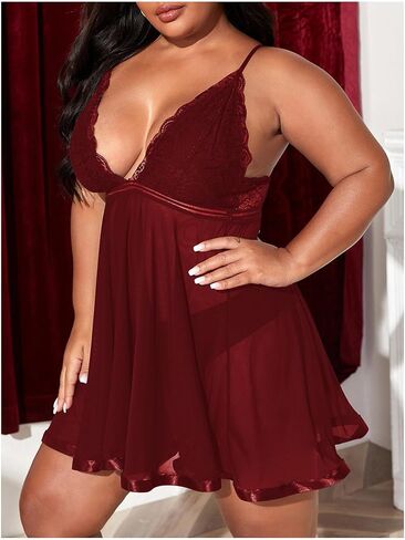 Women's 2 Piece Plus Size Lingerie Dress Chemise Sheer Mesh Sleeveless Bralettes Babydolls with Thongs in Saudi Arabia