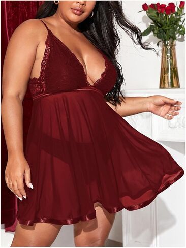 Women's 2 Piece Plus Size Lingerie Dress Chemise Sheer Mesh Sleeveless Bralettes Babydolls with Thongs in Saudi Arabia