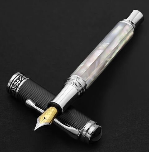 Xezo Maestro Handmade Fountain Pen, Fine Nib. Iridescent Oceanic Origin White Mother of Pearl with Diamond-Like Carbon PVD. Serialized, No Two Pens Alike in Kuwait